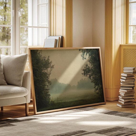 Misty Forest Meadow Wall Art Peaceful Nature Landscape Painting Tranquil Greenery Decor For Relaxing Interior Spaces