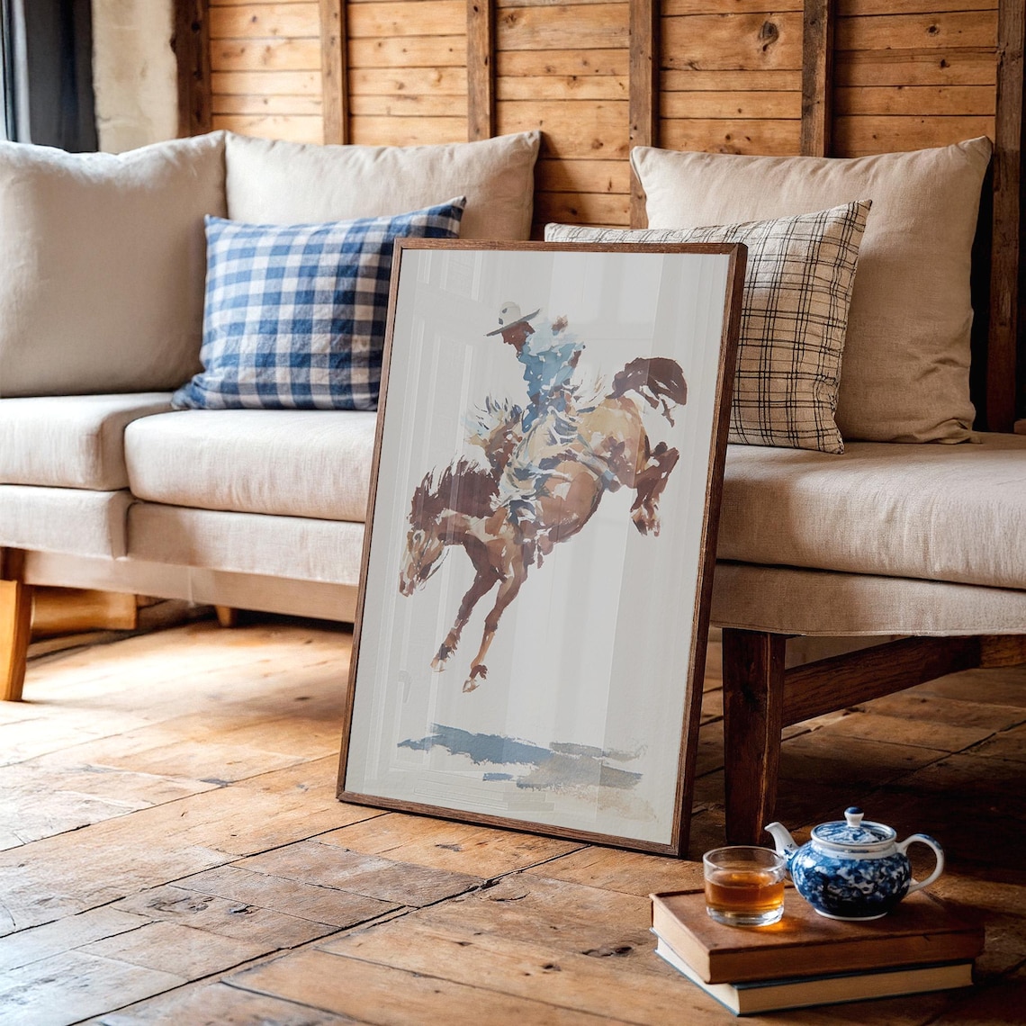 Cowboy On Bucking Horse Western Watercolor Art Print