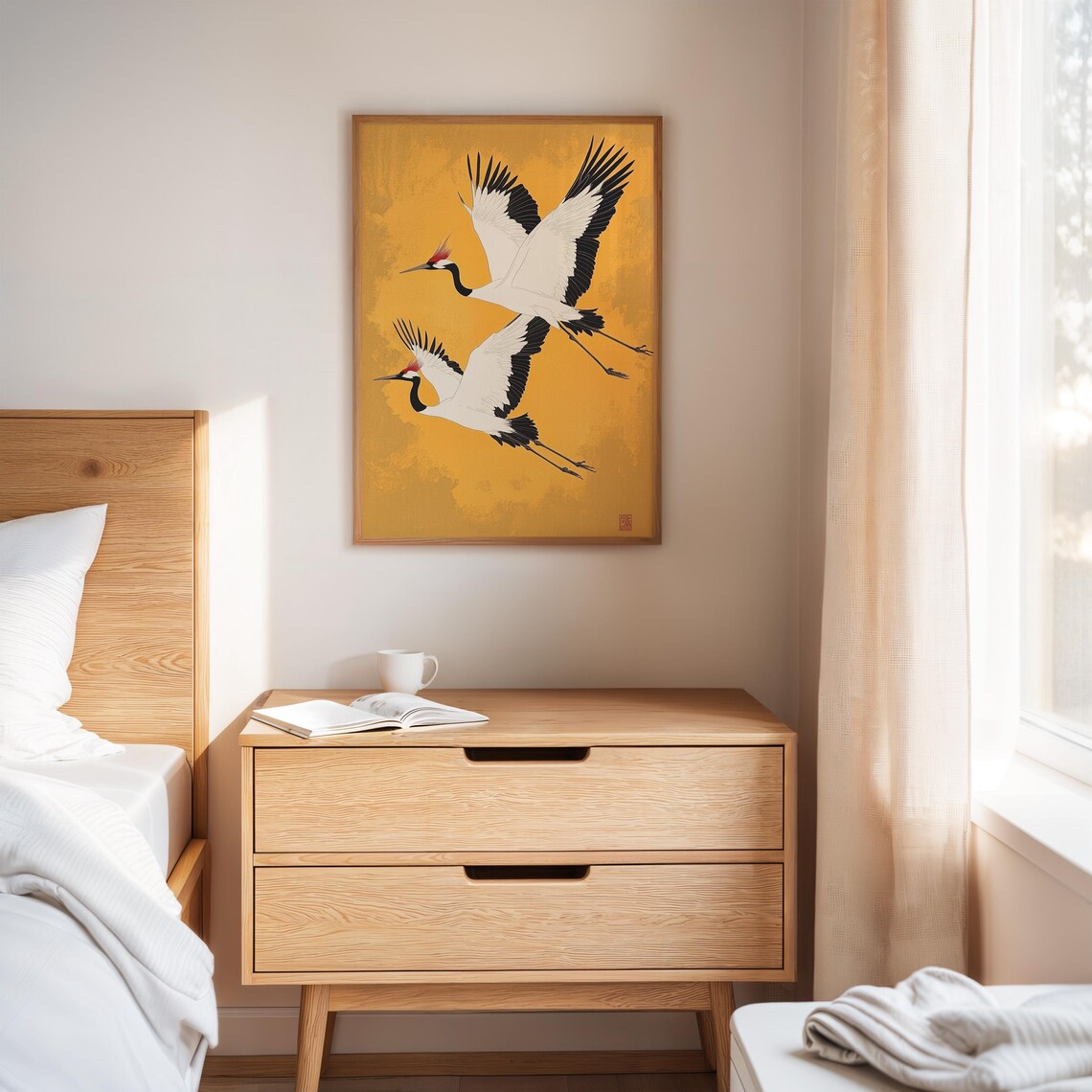 Pair of Red Crowned Cranes Soaring on Gold Japanese Art Poster - Image 3