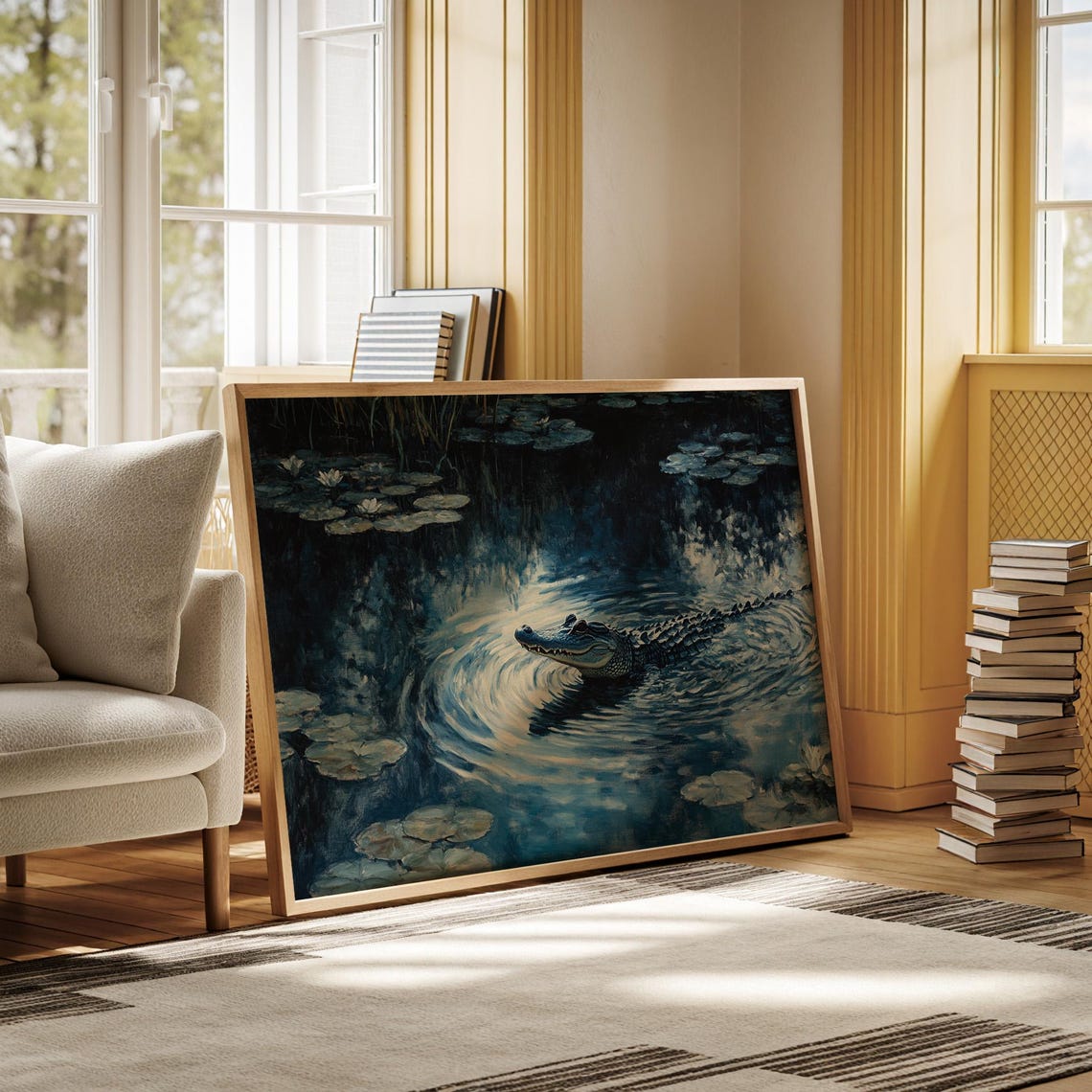 Alligator Gliding Through Moonlit Water Lily Pond Night Poster - Image 4