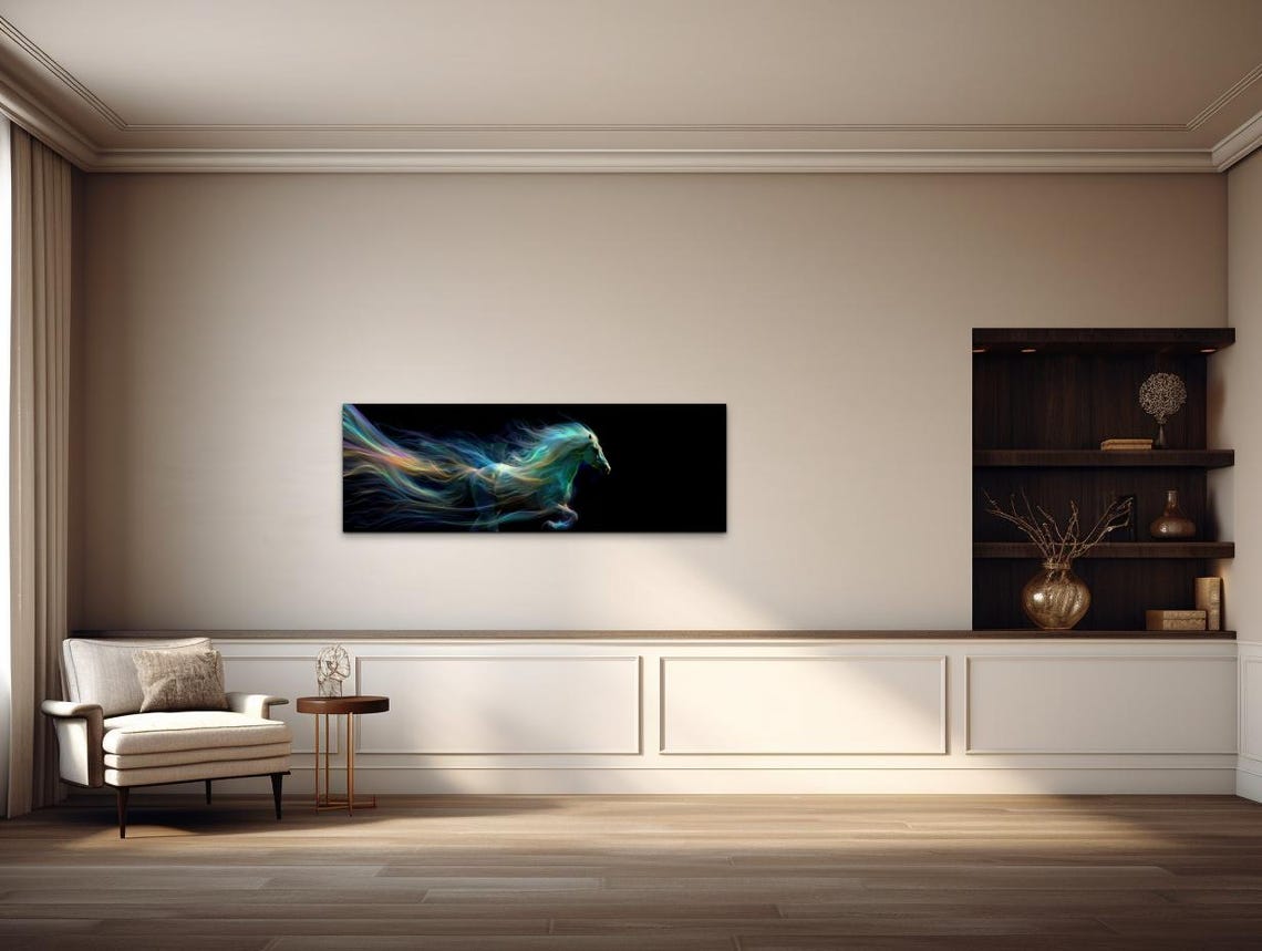 Neon Rainbow Mane Running Horse on Black Panoramic Art Poster - Image 5