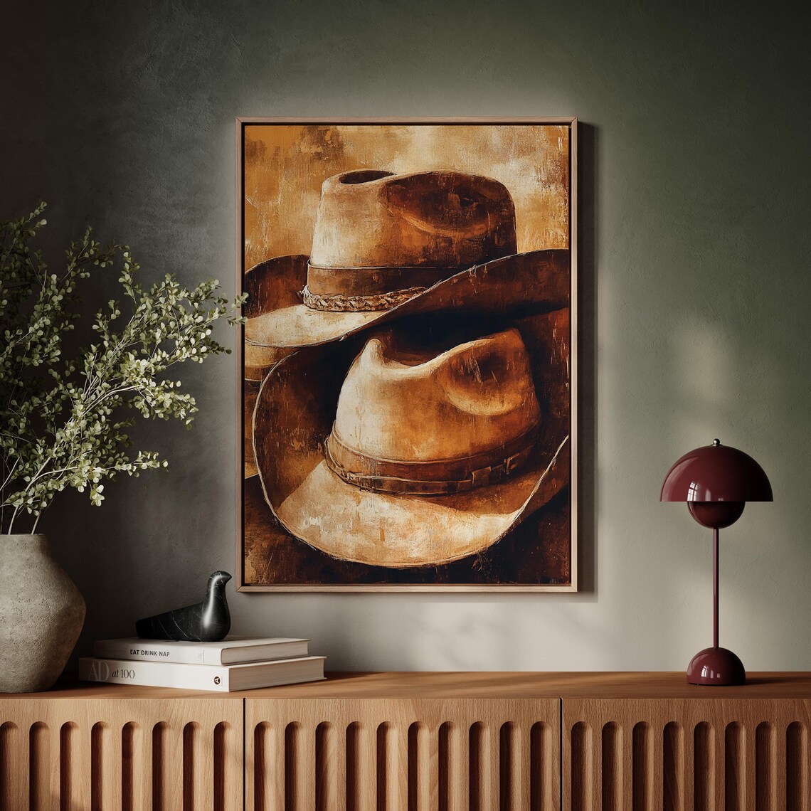 Two Stacked Antique Cowboy Hats Warm Rustic Oil Painting Poster - Image 4