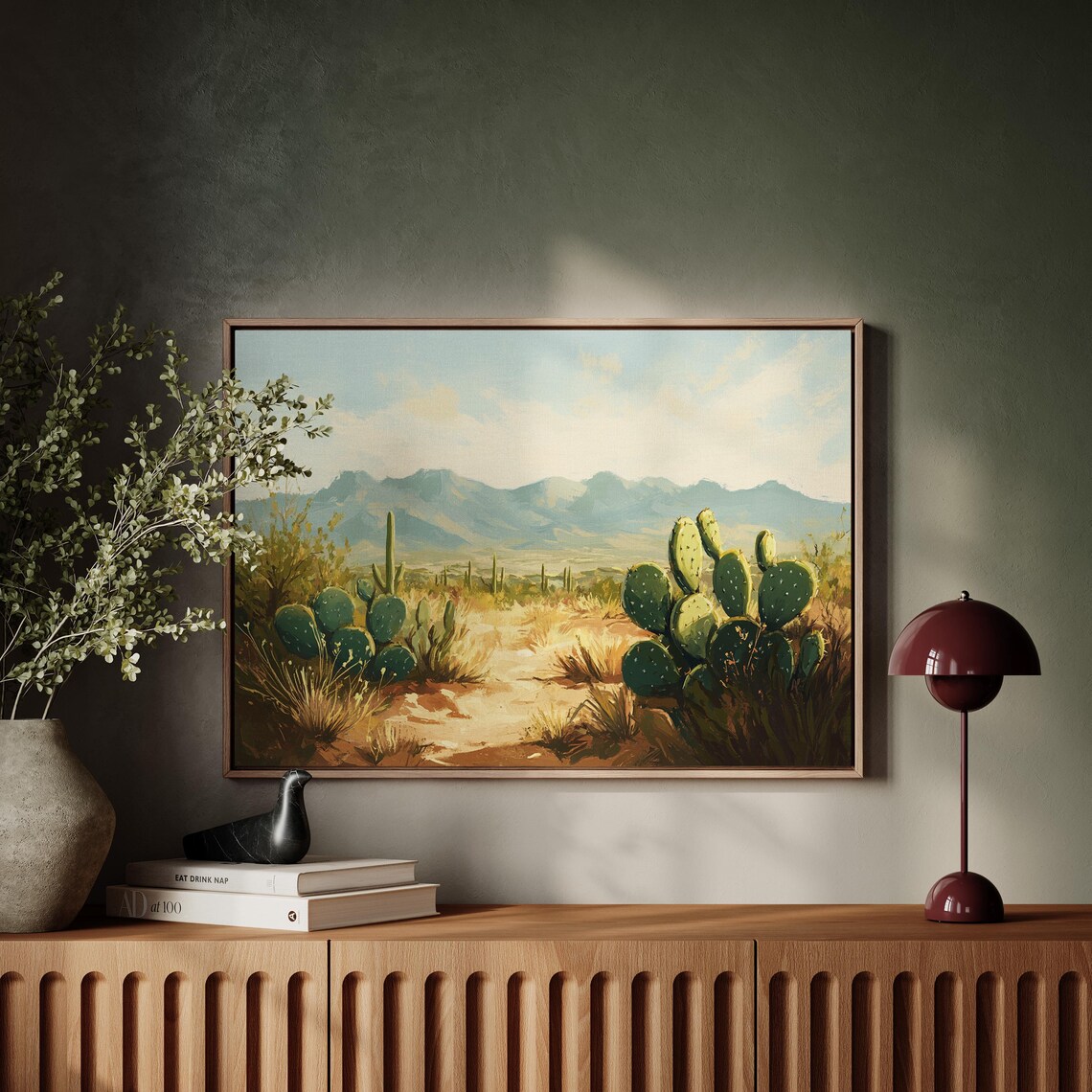 Serene Desert Morning with Prickly Pear Cactus Landscape Poster - Image 4