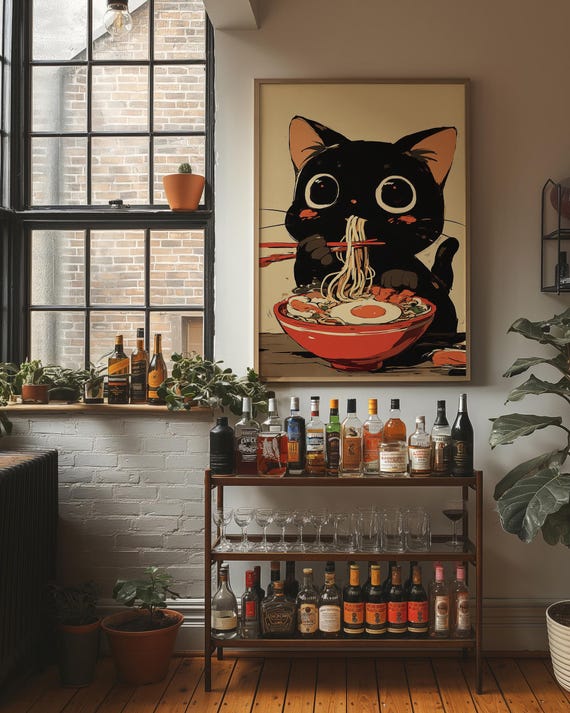 Cute Black Cat Eating Ramen Noodles Funny Japanese Kitchen Art Poster