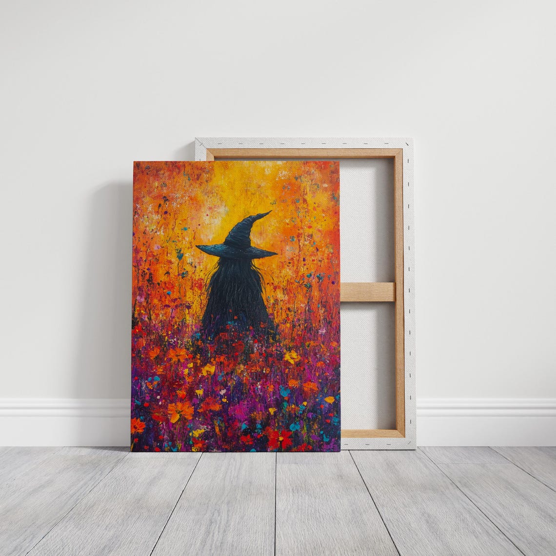 Witch Silhouette Vibrant Floral Field Abstract Halloween Art Poster - Image 3