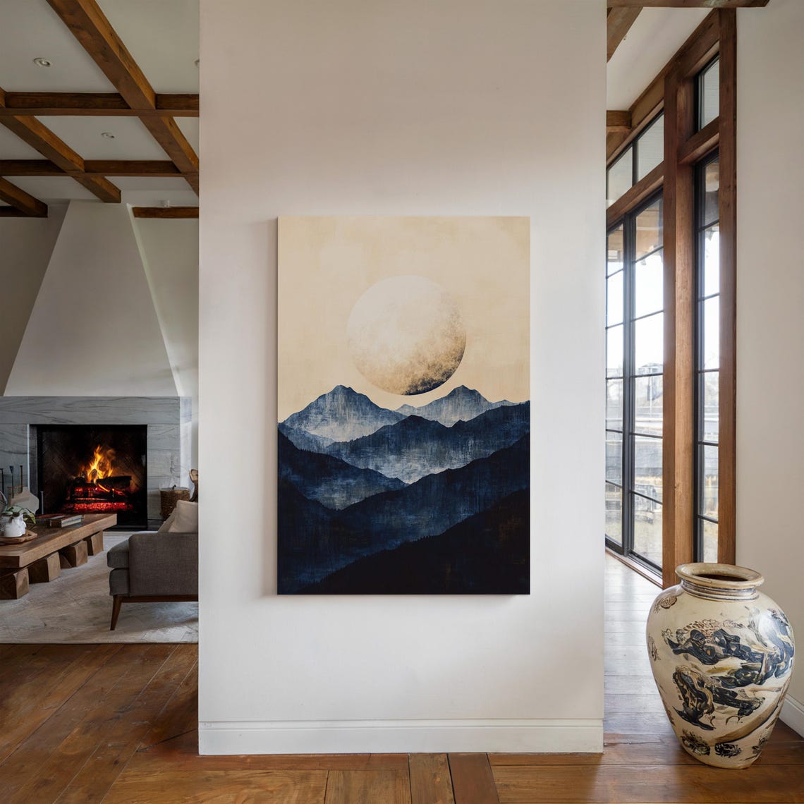 Minimalist Blue Mountain Wall Art Full Moon Landscape Serene Nature Print For Modern Home Decor