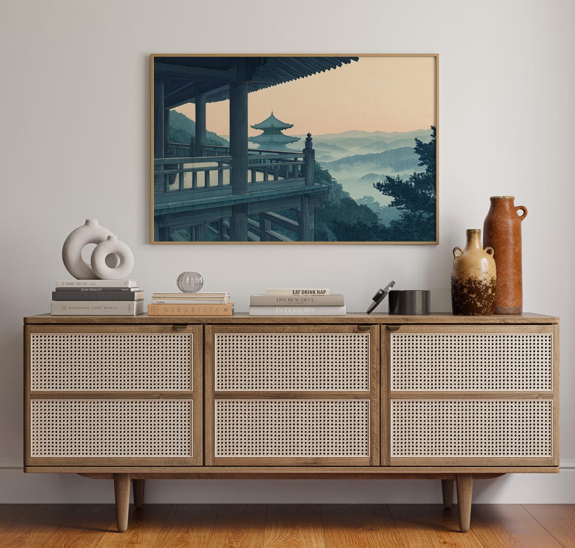Japanese Temple Terrace Overlooking Misty Mountains Dawn Poster - Image 2