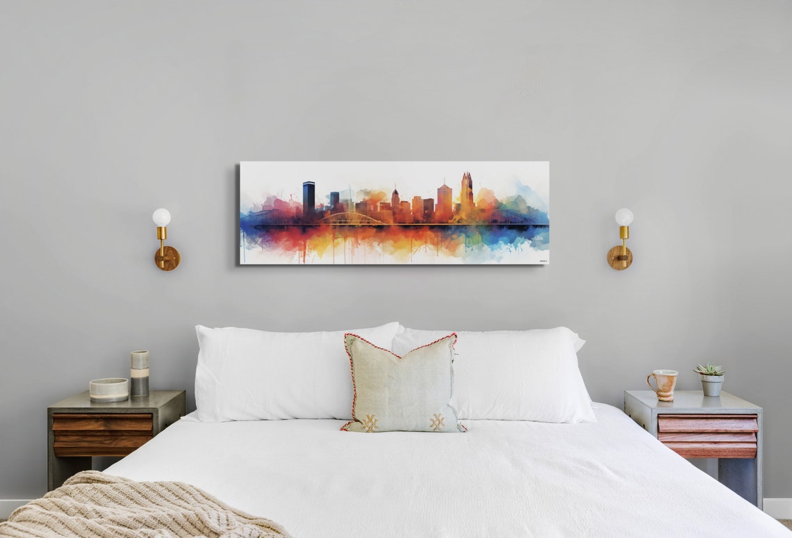 Pittsburgh Skyline Watercolor Poster With Colorful River Reflections - Image 3