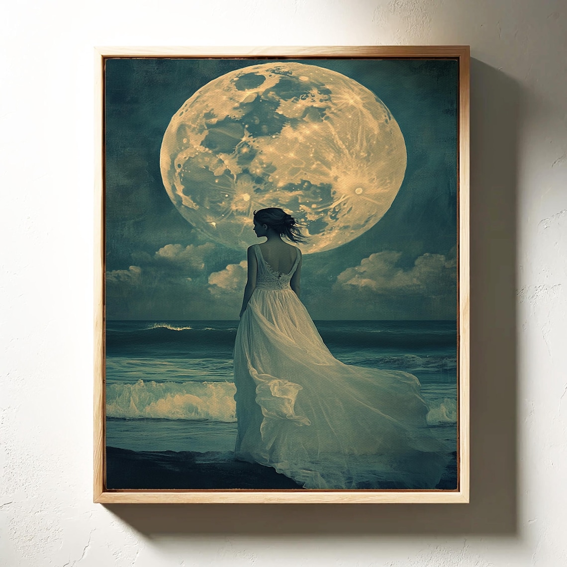 Moonlit Ocean Woman in White Dress Art Print - Image 4