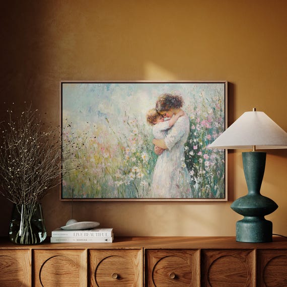 Mother And Child Hugging In Floral Field Art Impressionist Wall Decor Vintage Painting Of Motherhood And Natures Beauty