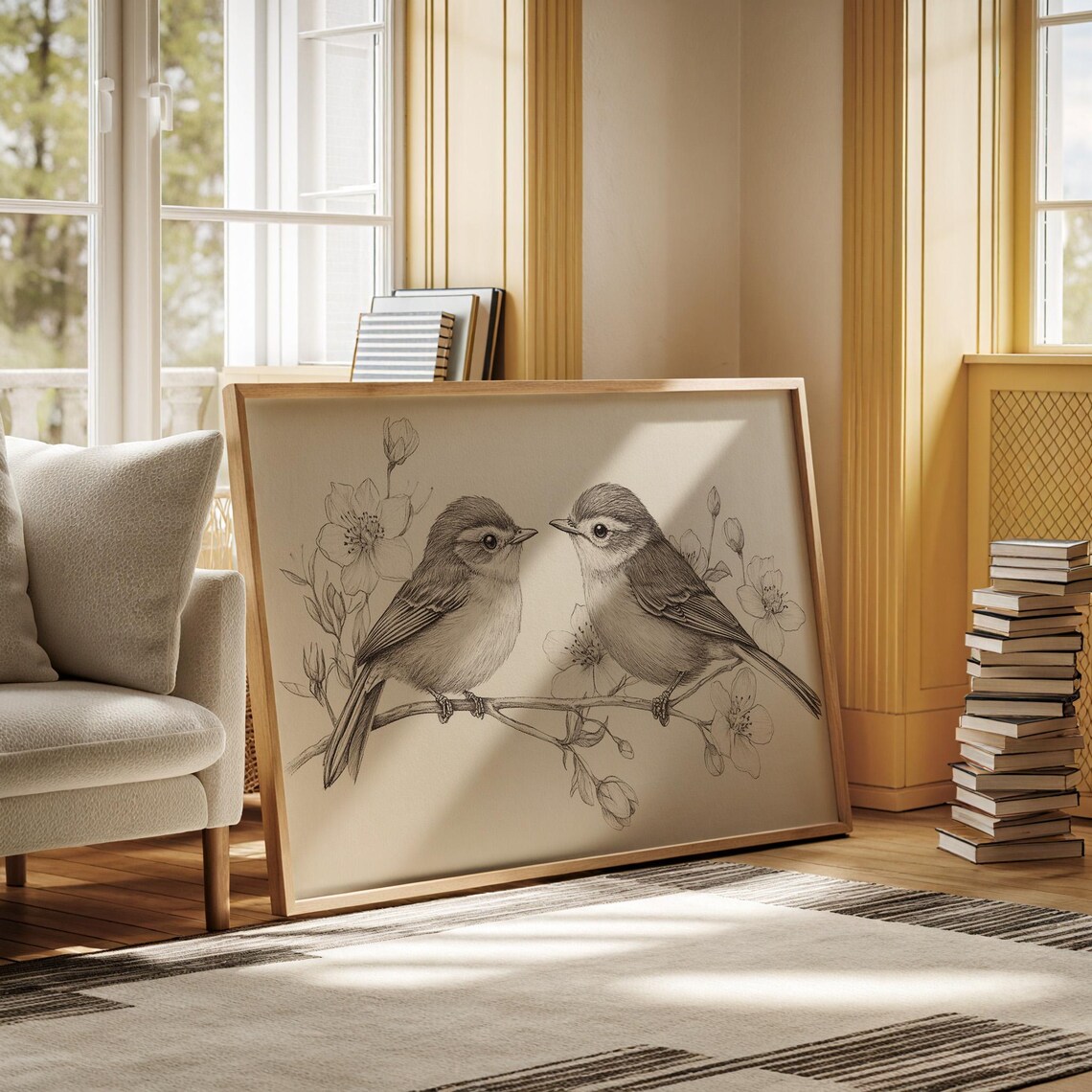 Bird Sketch Pair With Flowers, Line Drawing Art Print - Image 4