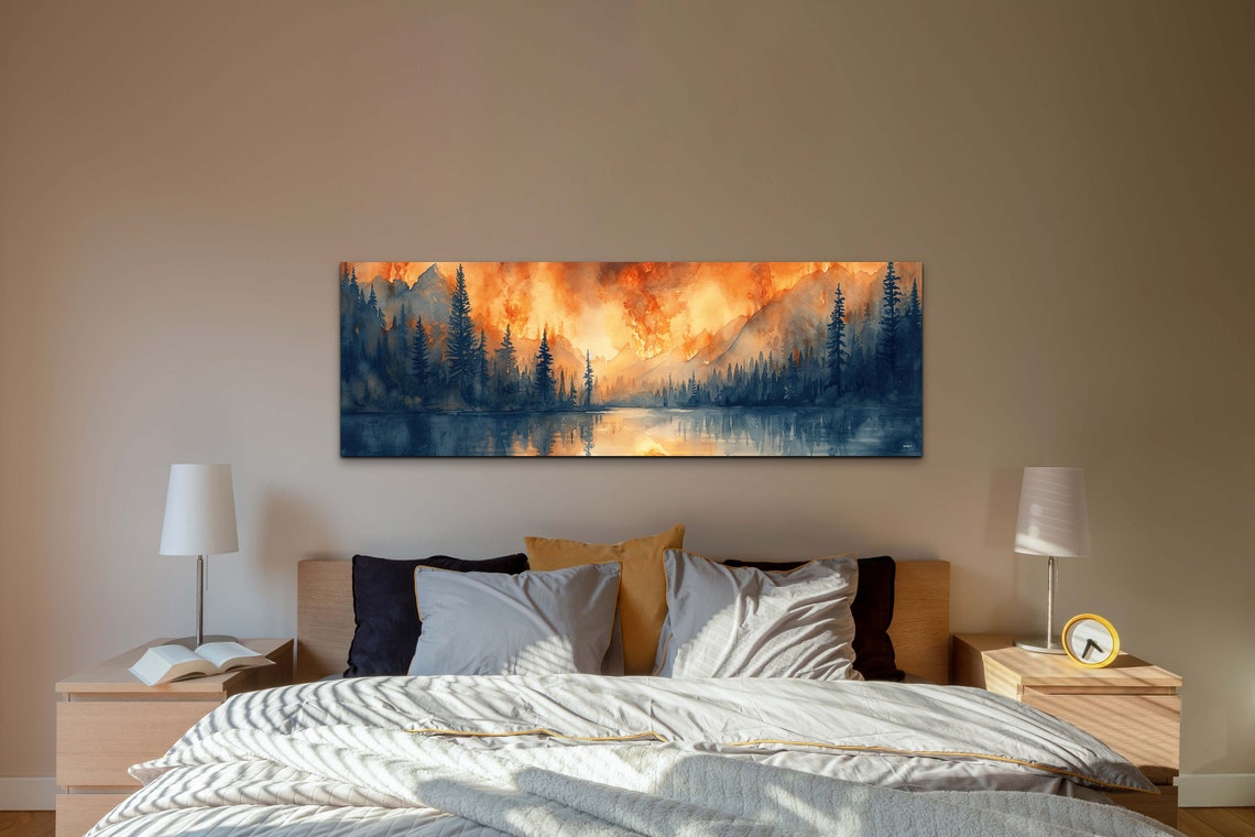 Panoramic Watercolor Orange Sky Pine Lake Sunset Landscape Wall Art - Image 5