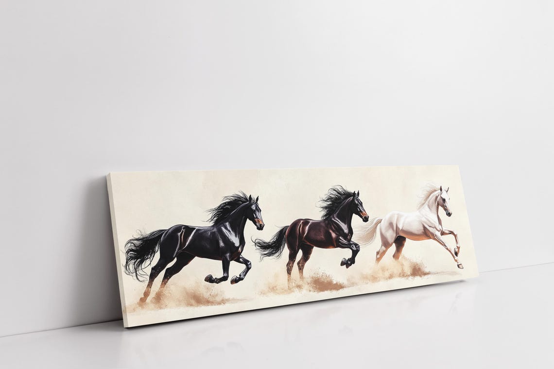Three Galloping Horses Black Bay And White Classic Panoramic Art Print - Image 3