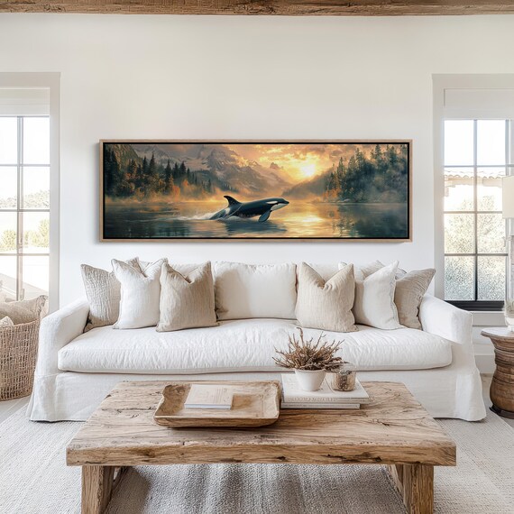 Orca Whale Sunset Majestic Wildlife Wall Art Nature Landscape Painting Ocean Animal Decor Mountain Lake Poster