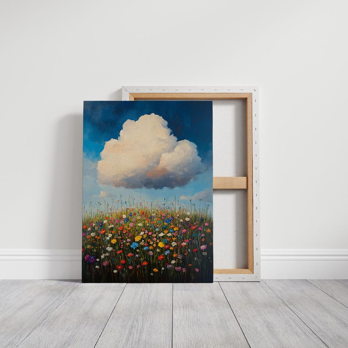 Vibrant Wildflower Field Under Bright Cloud Dramatic Sky Art Poster - Image 3