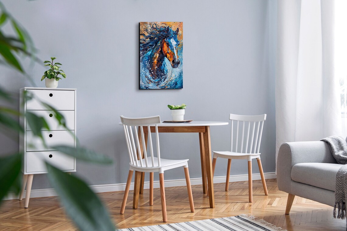 Dynamic Horse Head in Blue Orange Palette Knife Paint Swirl Poster - Image 5