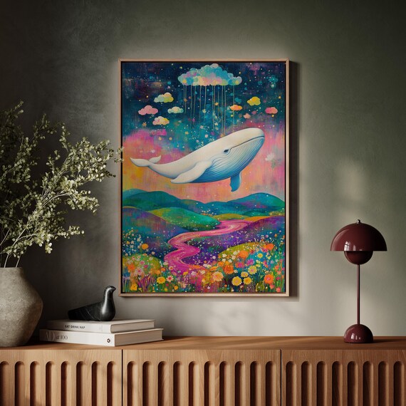 Enchanting White Whale Above Pink Winding River Meadow Poster