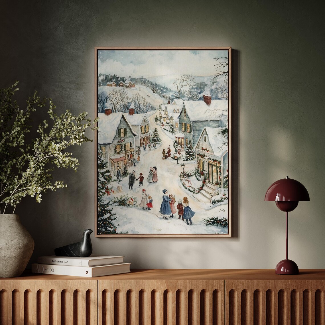 Victorian Christmas Village Street with Snowy Carolers Art Poster