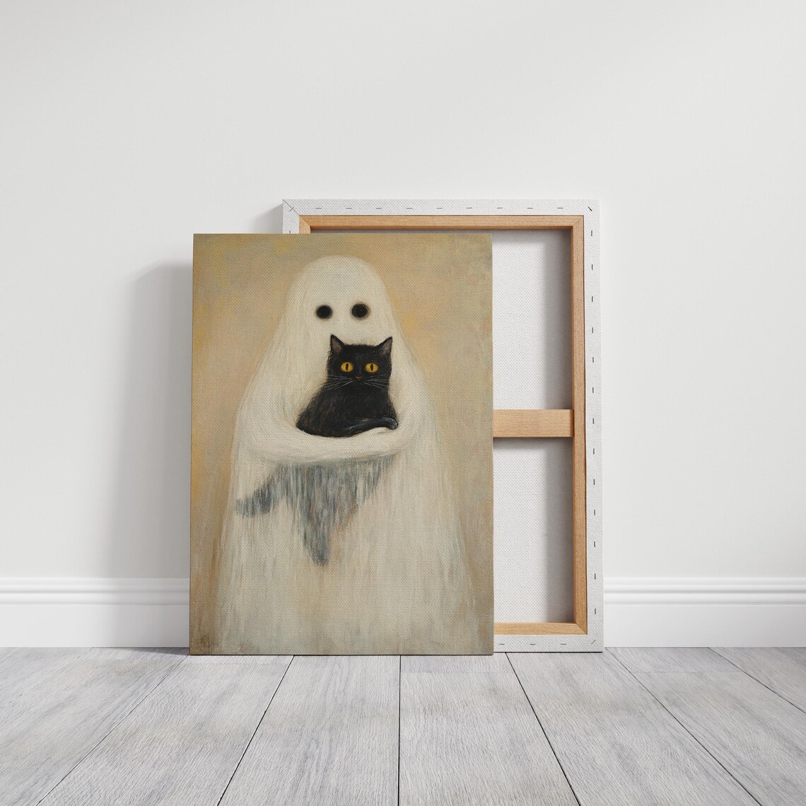 Friendly Ghost Hugging Black Cat Cute Spooky Halloween Minimal Wall Poster - Image 3