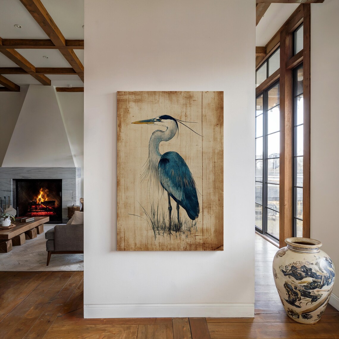 Blue Heron Rustic Coastal Bird Art Print - Image 4