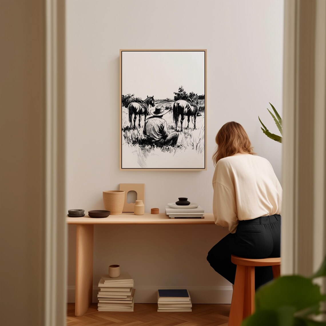 Cowboy Sitting with Two Horses Quiet Ranch Life Ink Sketch Poster - Image 2