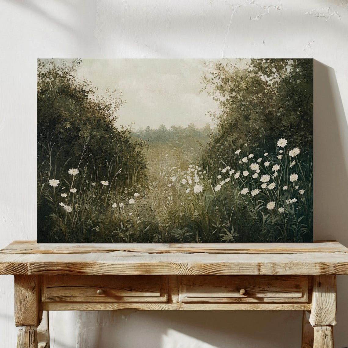 Tranquil White Daisy Pathway Dark Moody Woodland Meadow Art Poster