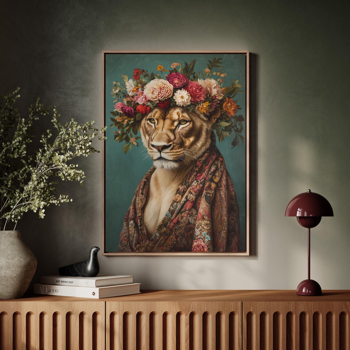 Lioness Wearing Vibrant Flower Crown Floral Shawl Boho Portrait Poster - Image 7