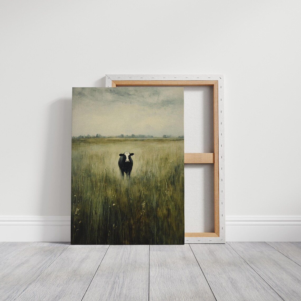 Black Cow Standing Alone in Tall Meadow Grass Moody Farmhouse Poster - Image 3
