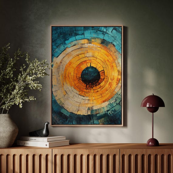 Teal And Orange Tree Ring Wall Art Modern Abstract Wood Grain Print Nature Inspired Decor For Living Room Or Office Bold Colorful Art