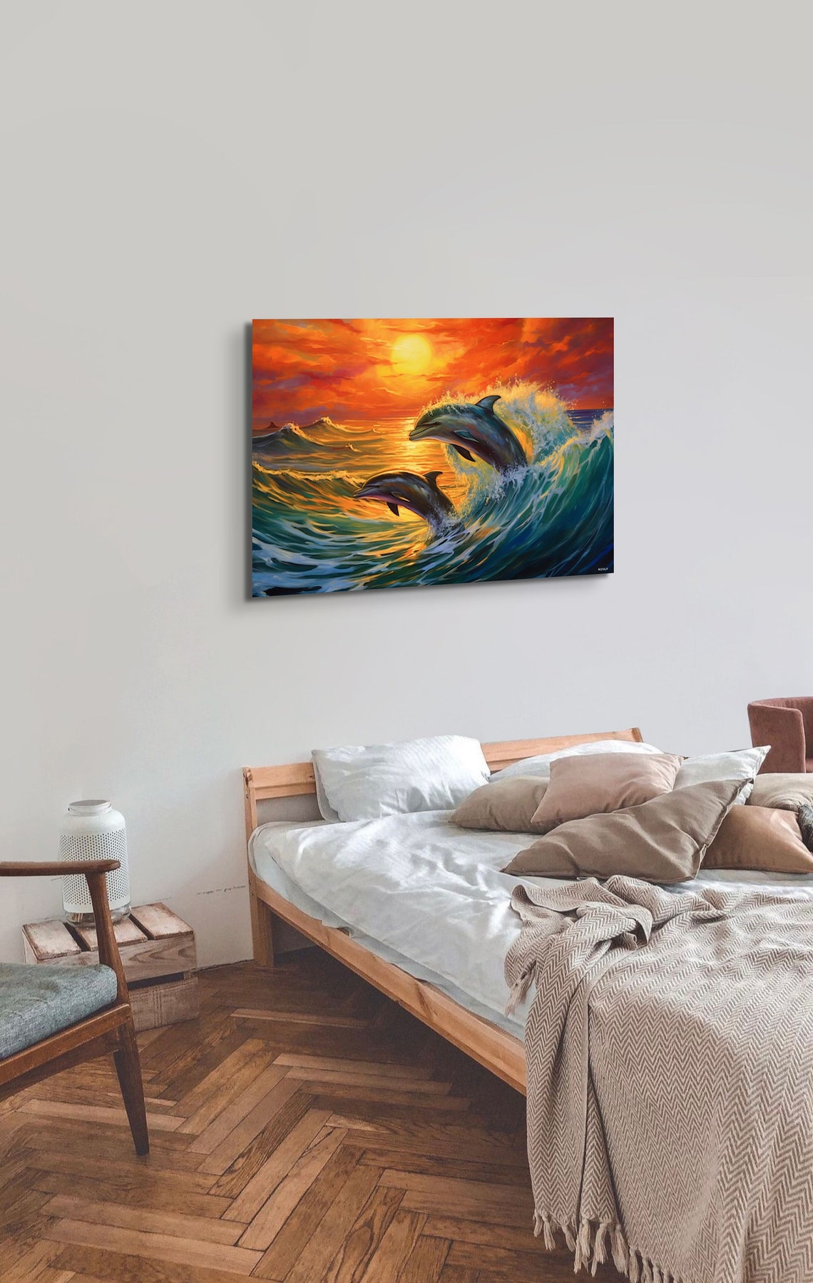 Dolphins Leaping Golden Sunset Ocean Waves Sea Life Art Poster - Image 5