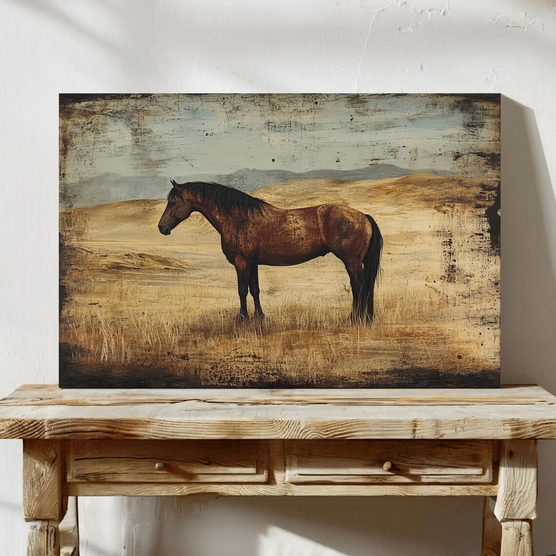 Distressed Vintage Painting of a Wild Horse on the Ranch Poster