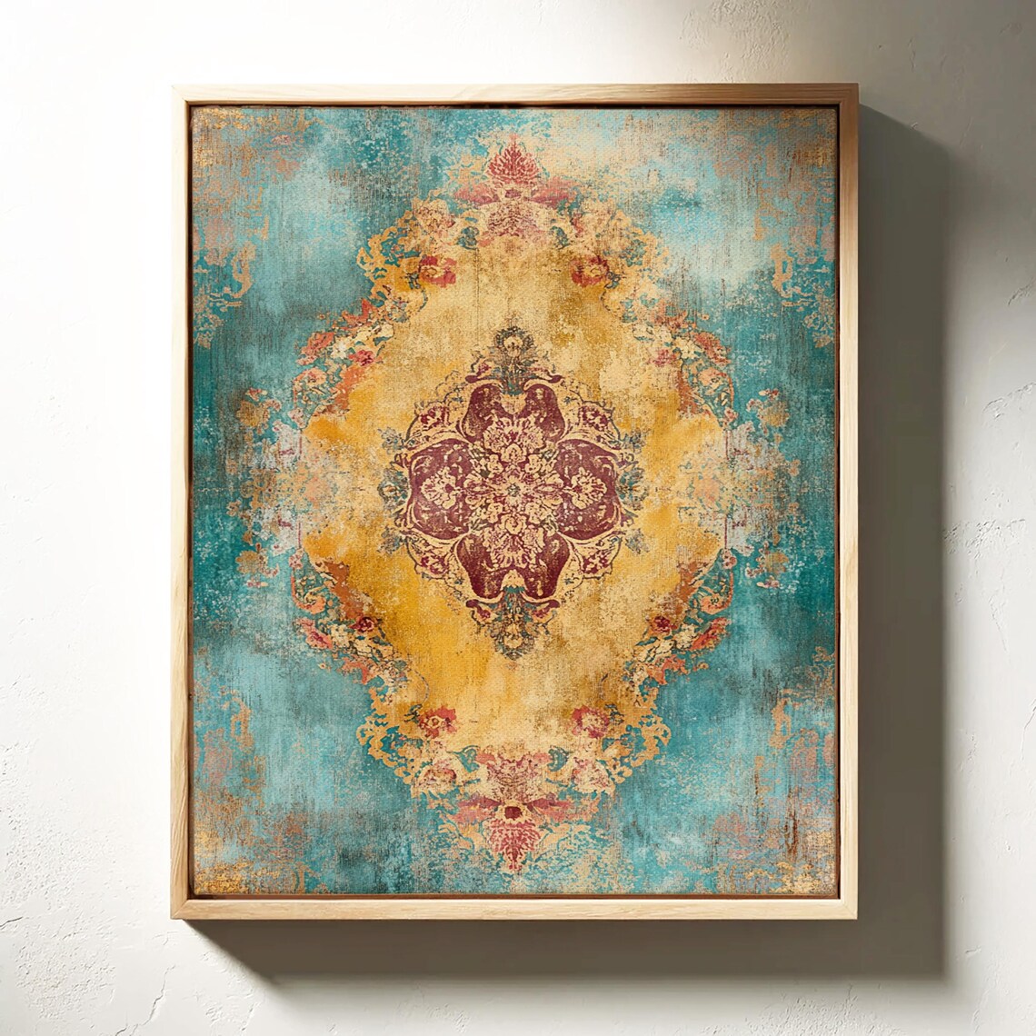 Teal and Mustard Distressed Boho Medallion Mandala Art Poster - Image 3