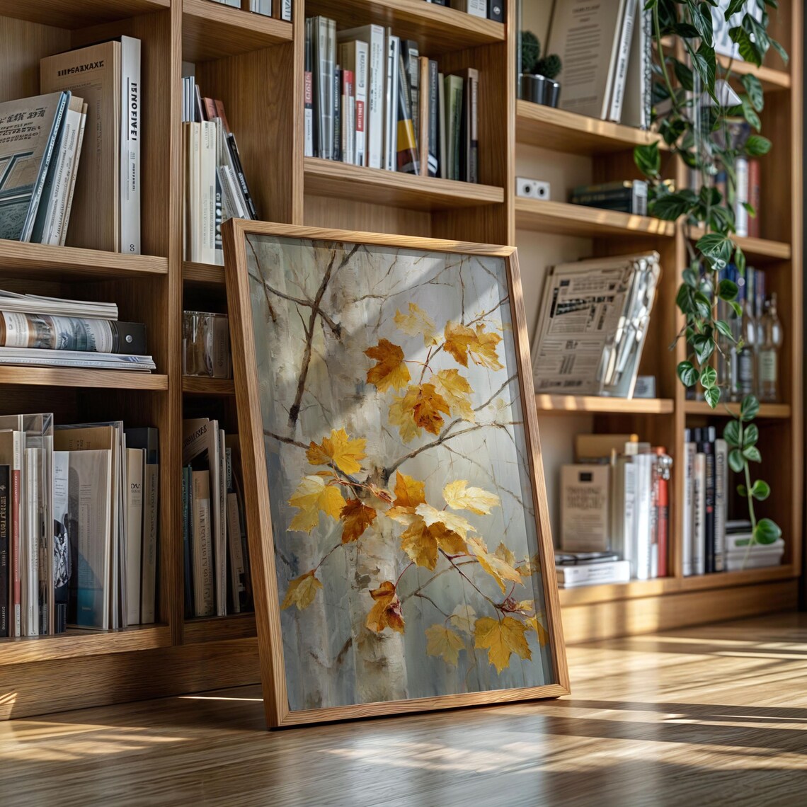 Golden Birch Leaves Rustic Autumn Wall Art