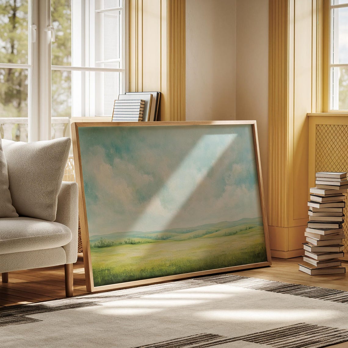 Serene Pastel Rolling Hills Under Soft Cloudy Sky Landscape Wall Art - Image 6