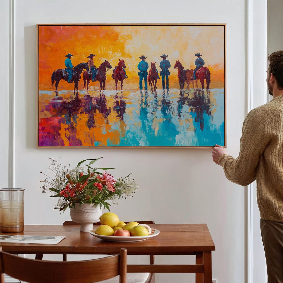 Sunset Cowboys Reflection Colorful Western Wall Art - Image 2