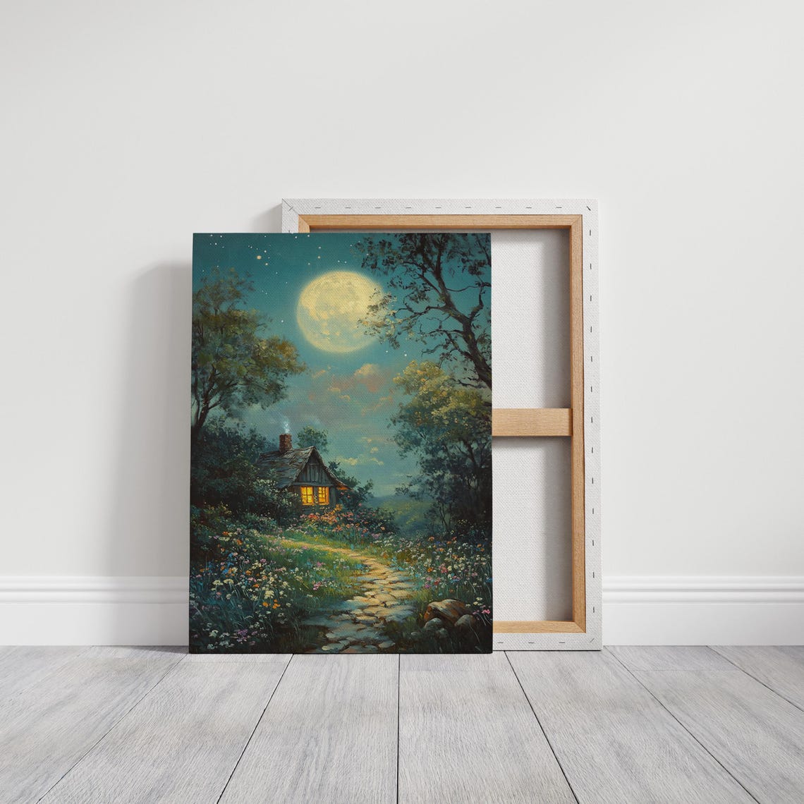 Woodland Cottage Full Moon Stone Path Meadow Flowers Night Poster - Image 3
