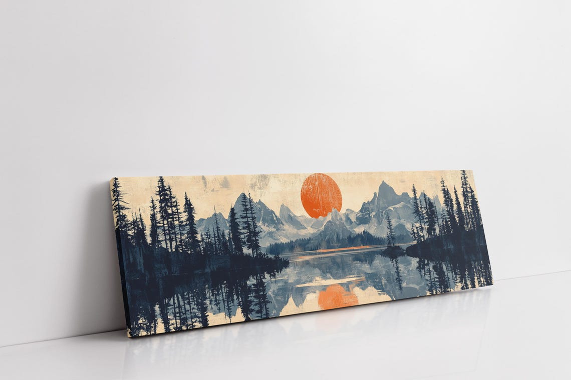 Blue Monochrome Mountain Lake Single Orange Sun Reflection Art Poster - Image 7