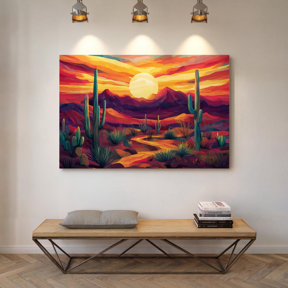 Colorful Desert Sunset Cactus Mountains Big Sun Decor Poster - Image 4