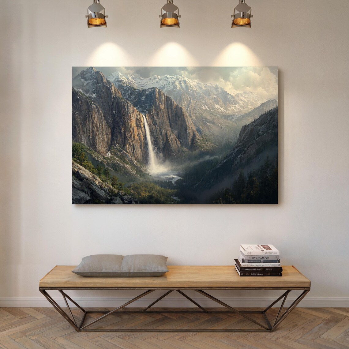 Snowy Mountain Waterfall In Misty Valley Nature Painting Poster - Image 3