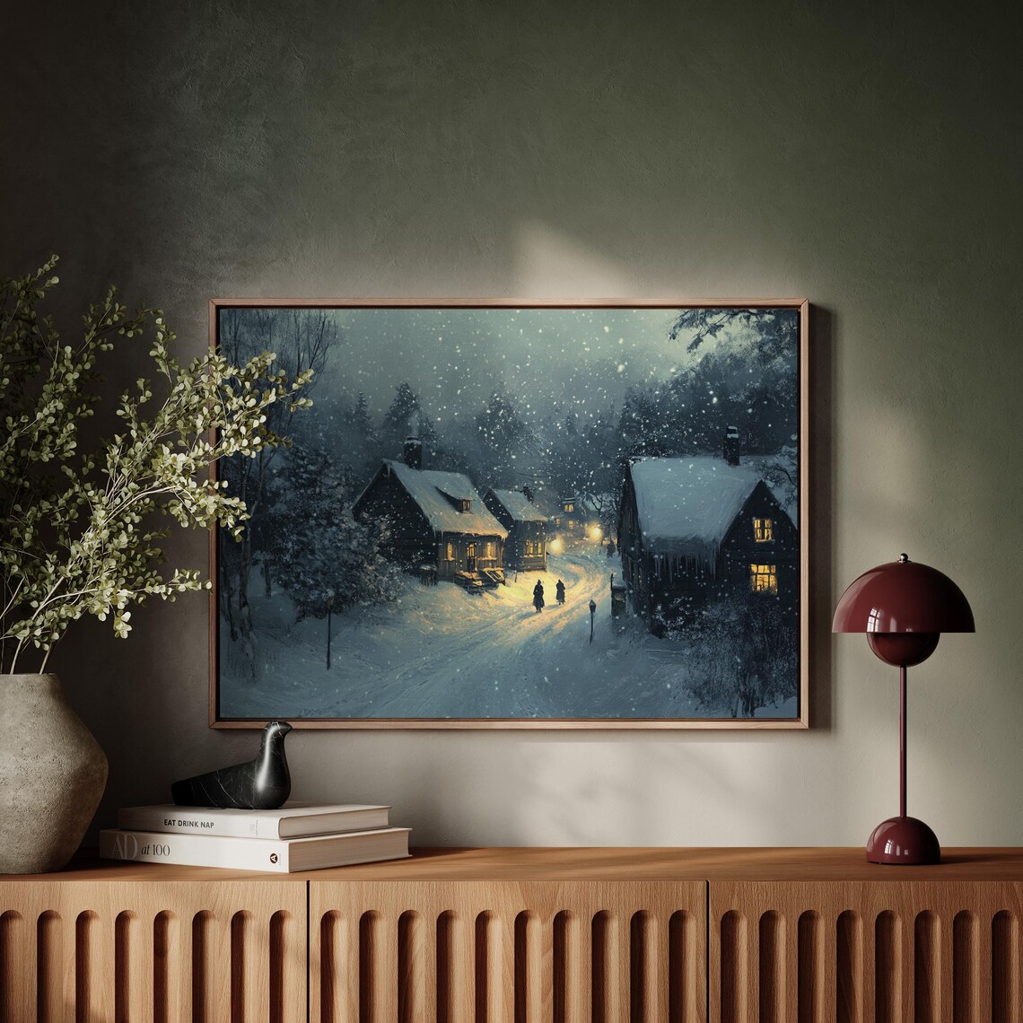 Snowy Village at Night with Warm Glowing Windows Winter Art Poster