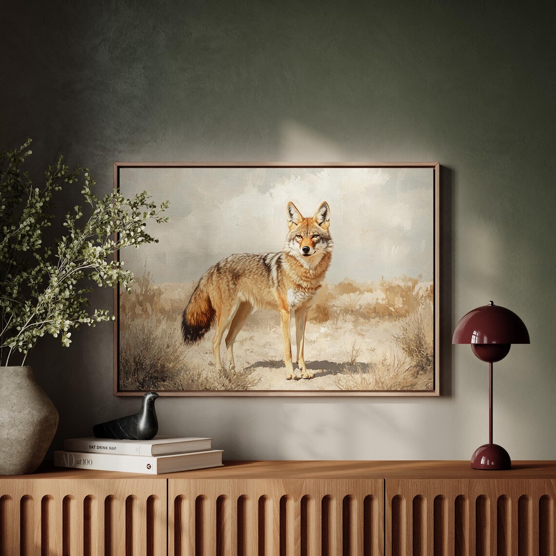 Coyote Portrait Golden Desert Grass Wildlife Oil Painting Poster