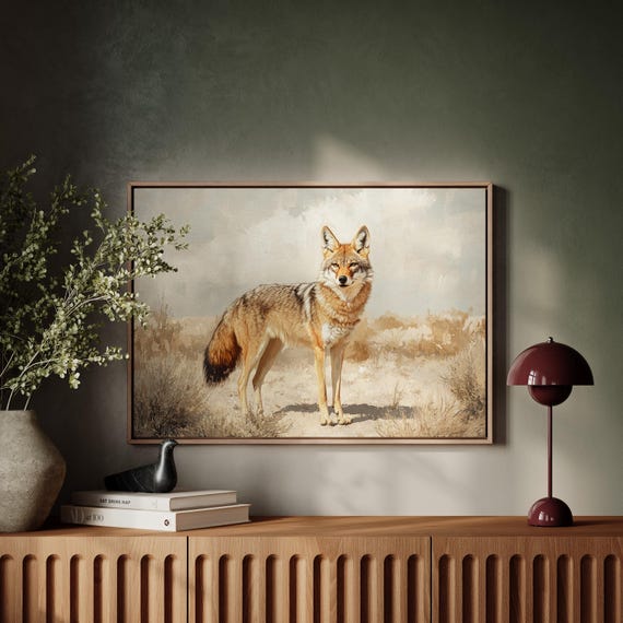 Desert Coyote Canvas Wall Art Vintage Style Wildlife Painting Of A In Sunlit Southwest Landscape