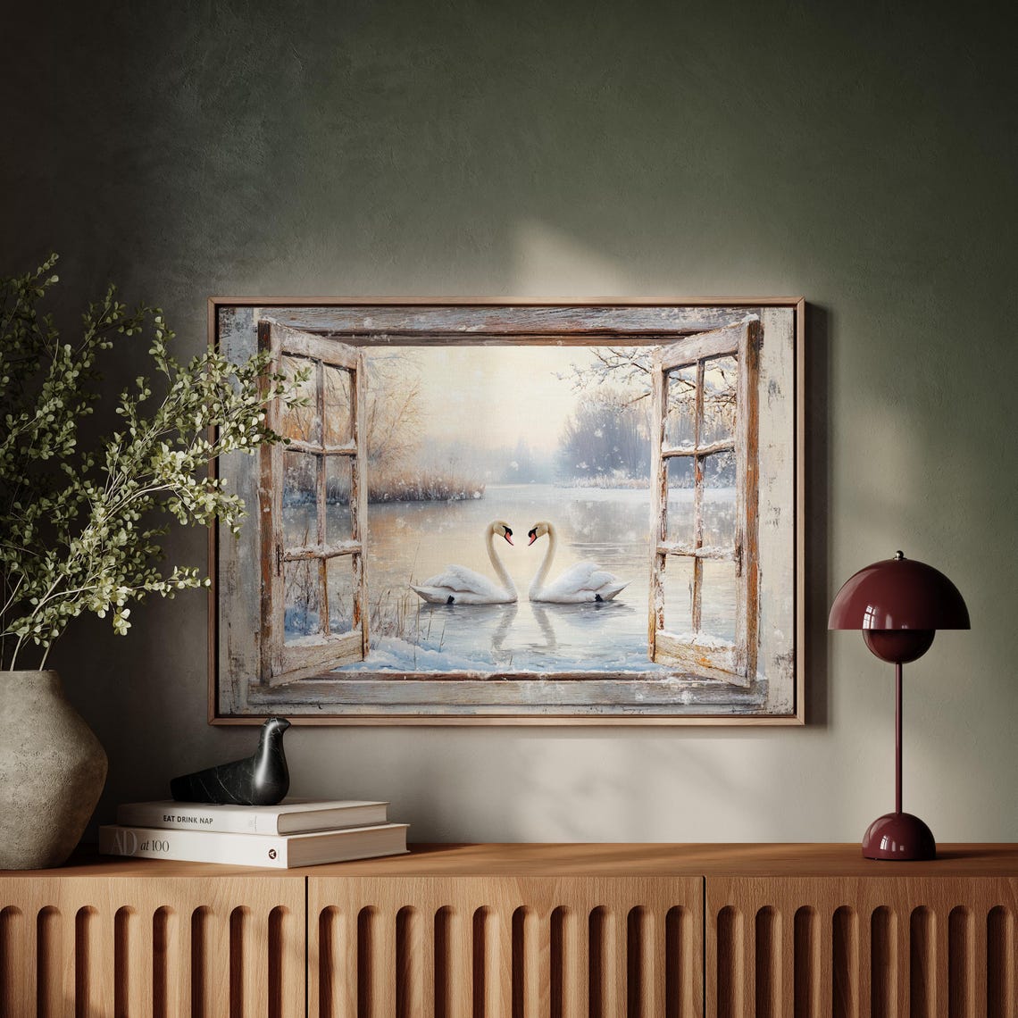 Pair Of Swans On Snowy Lake Rustic Window Frame Winter Poster - Image 2
