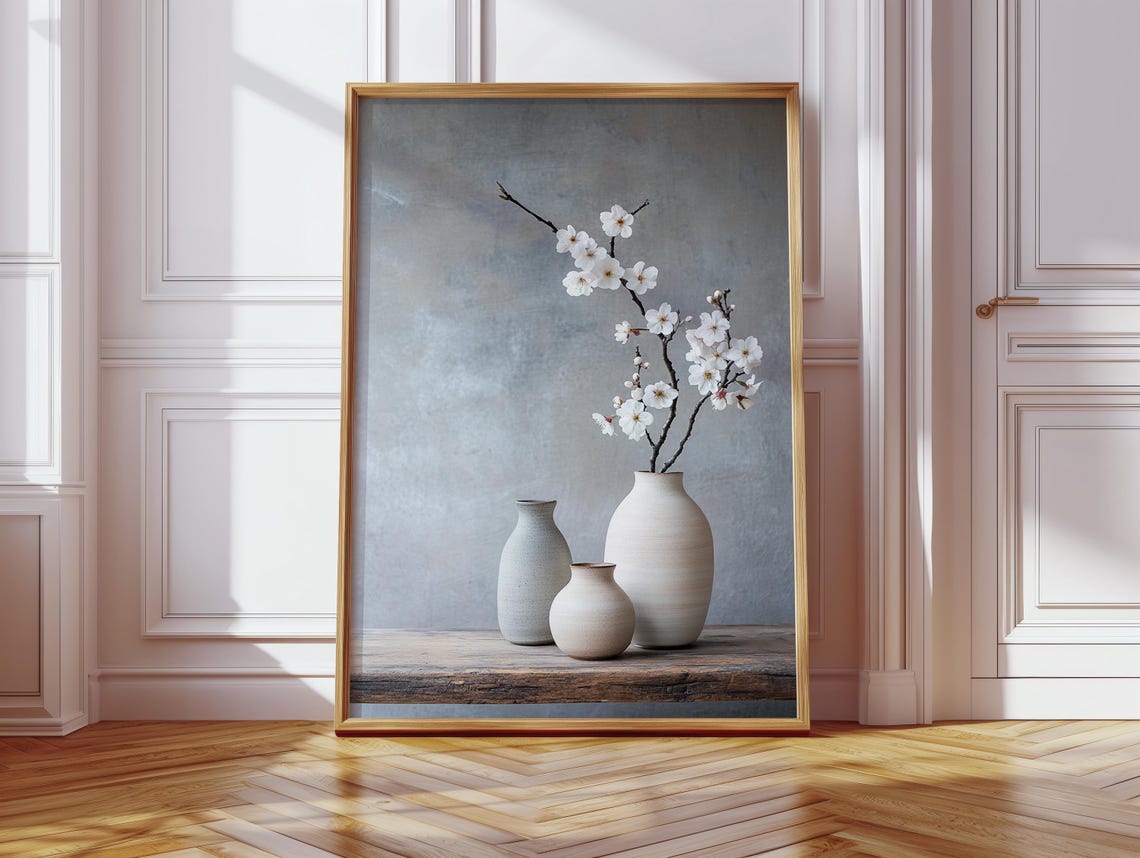White Blossom Branch Minimalist Still Life Ceramic Vase Poster
