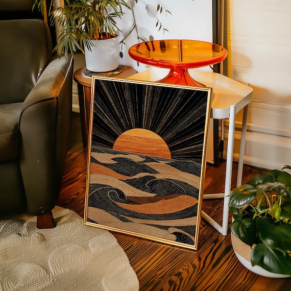 Abstract Ocean Sunset Black Gold Line Art Waves Minimalist Poster