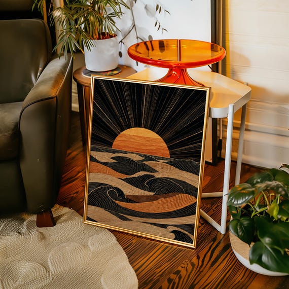 Modern Abstract Ocean Waves And Sunset Canvas Wall Art Minimalist Line Coastal Dcor Black Gold Sun Over Sea Painting