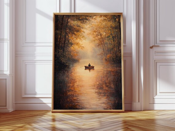 Lone Rowboat On Golden Misty River Autumn Forest Reflection Poster