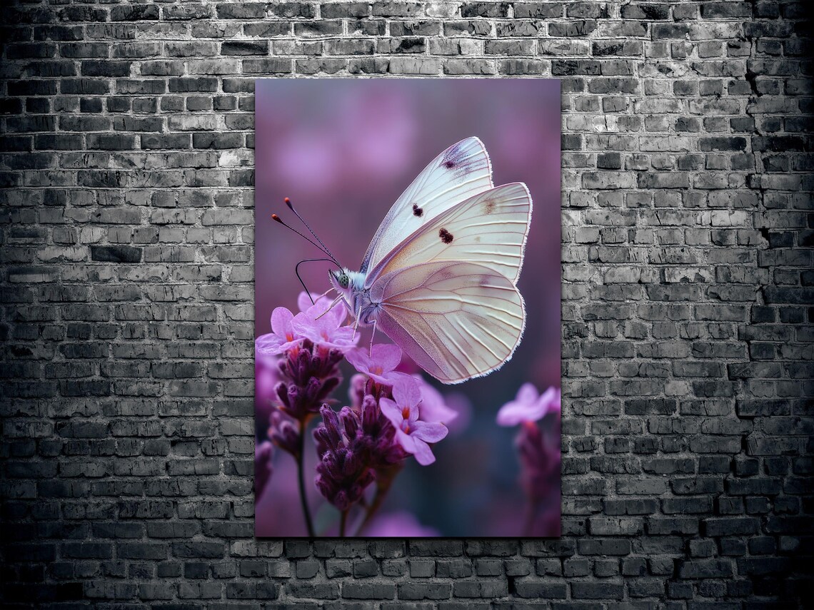 White Butterfly Resting on Purple Flowers Macro Photography Poster - Image 2