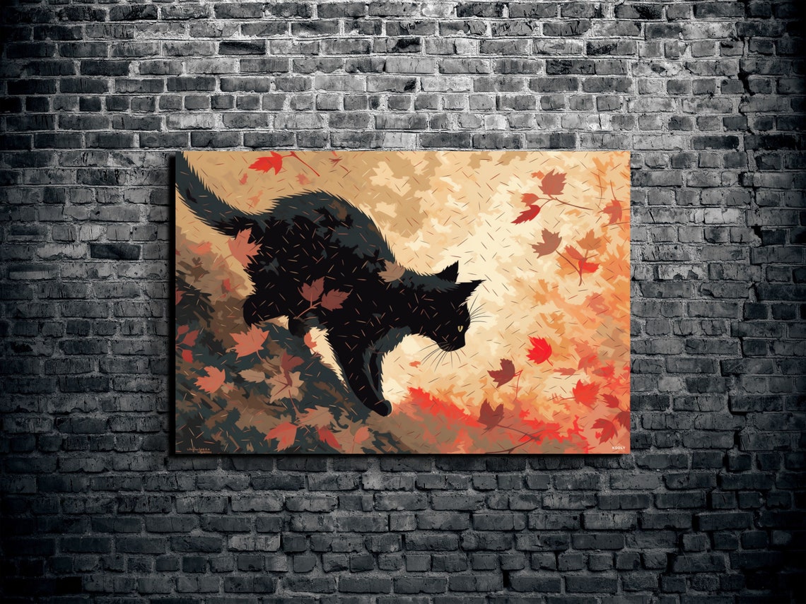 Black Cat Autumn Leaves Falling Illustration Fall Art Poster