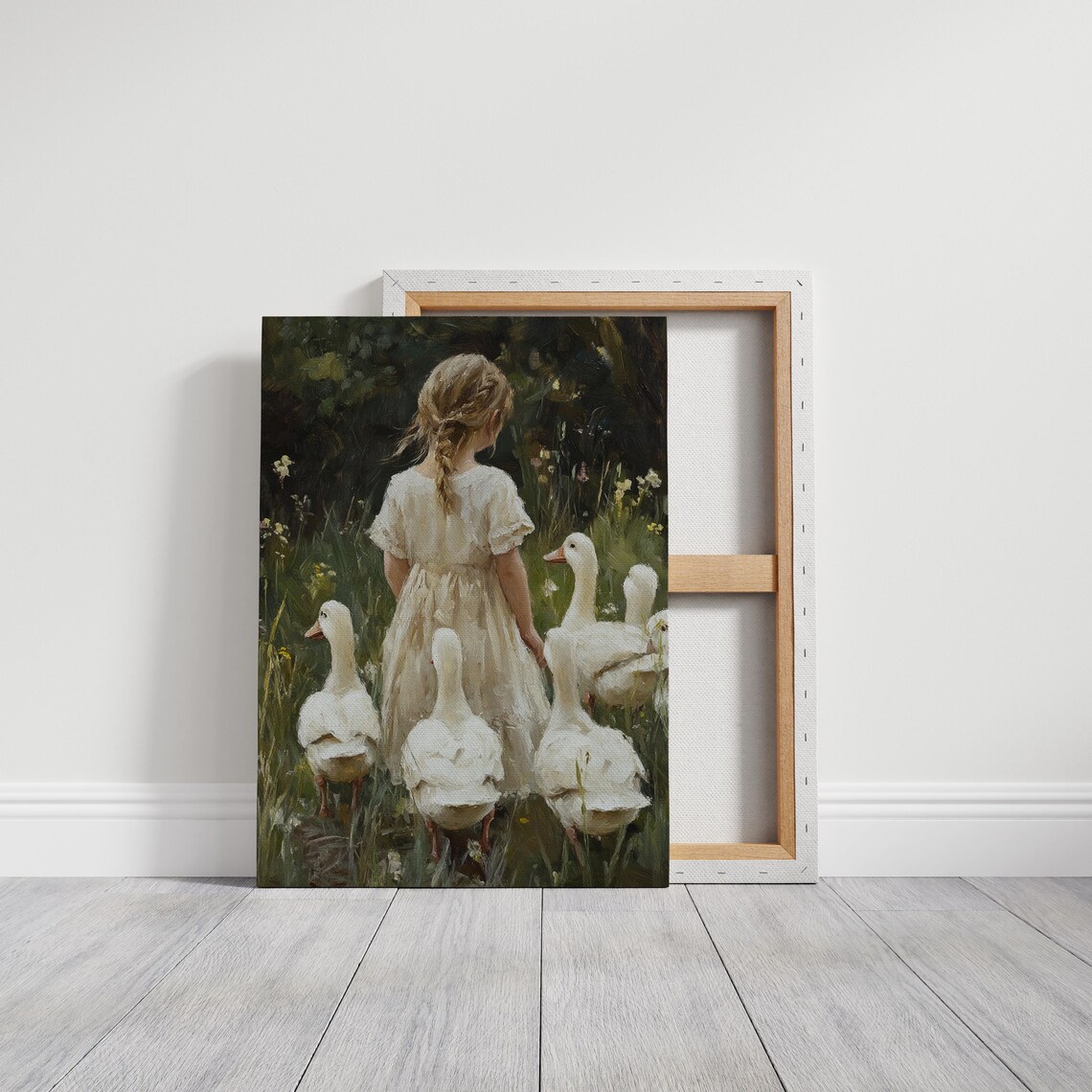 Little Girl in White Dress Walking With Five Geese in Meadow Poster - Image 6